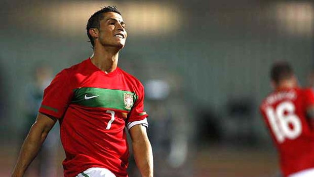 Cristiano Ronaldo reacts after missing a goal opportunity for Portugal.
