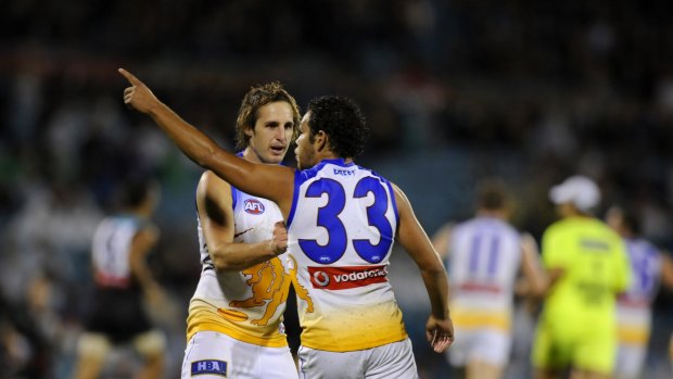 Rhan Hooper celebrates goal with Travis Johnstone in 2008.