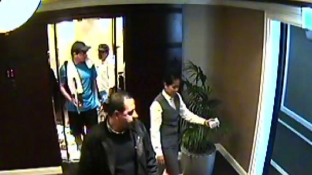 A CCTV image shows two murder suspects following Mahmoud al-Mabhouh to find out his room number.