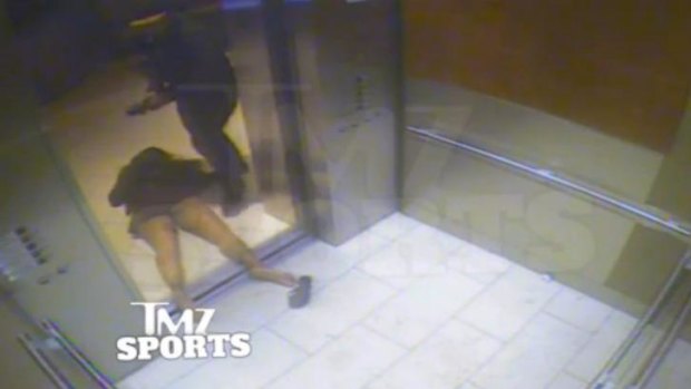 Ray Rice drags his then fiancee, Janay Palmer out of an elevator in a casino in Atlantic City in February.