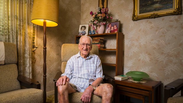 Centenarian Douglas Barker at his Coorparoo home, where he has lived for 55 years. 