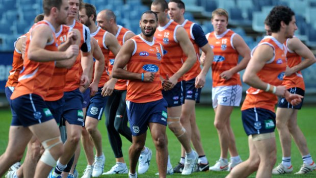Return: Travis Varcoe trains with Geelong yesterday. He has missed much of the year with a foot problem.