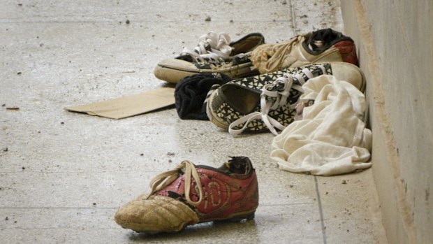 Abandoned shoes lie next to the Elgon A hostel inside the Garissa University College compound.