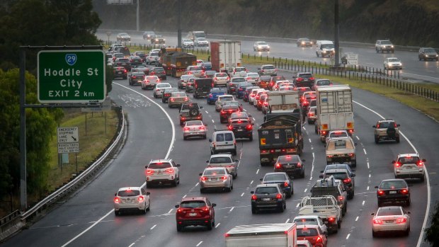 Morning traffic jam on the Eastern Freeway.