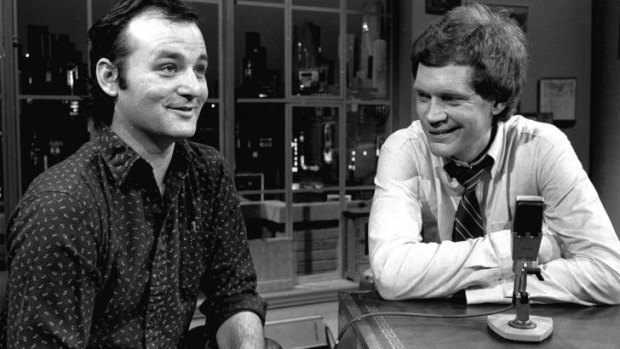 David Letterman, right, and guest Bill Murray on <i>Late Night with David Letterman</i> in 1982.