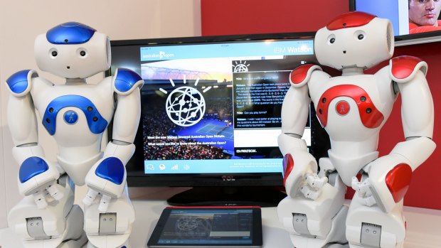 IBM Watson-powered robots Niki and Nikita at the IBM marquee at the Australian Open 2015 in Melbourne.