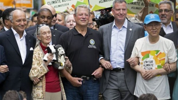 High profiles: French Foreign Minister Laurent Fabius, primatologist Jane Goodall, former US vice president Al Gore, New York mayor Bill de Blasio, and UN Secretary General Ban Ki-moon at the march.