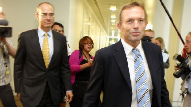 New Leader of the Opposition Tony Abbott emerges triumphant after the leadership spill.