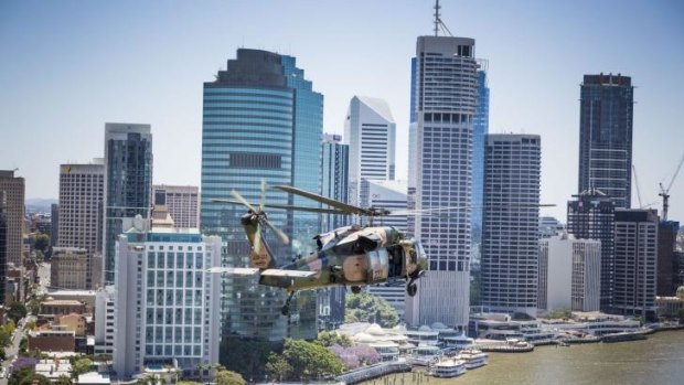 Blackhawk helicopters flying over Brisbane on exercise ahead of the G20.