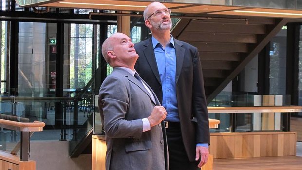 Ove Hoegh-Guldberg and Mark Roehrs in the atrium.