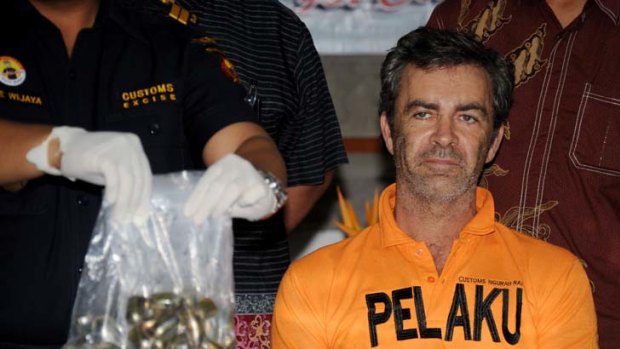 Alleged drug mule Australian Edward Myatt during a press conference at the Custom office in Denpasar. If convicted of smuggling the drugs into Indonesia, the Australian could face the death penalty.