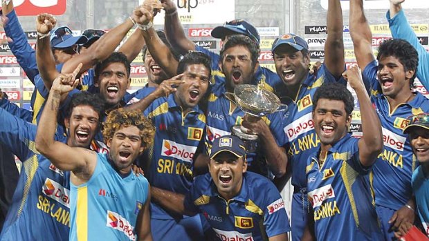 Sri Lanka celebrates winning the 2014 Asia Cup final against Pakistan in Dhaka.