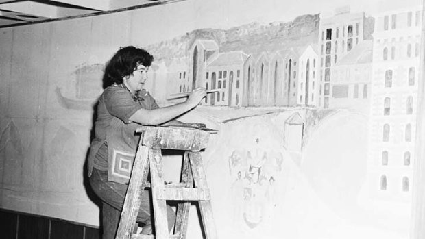 Margaret Olley paints a mural at the NSW Rugby Leagues Club in Sydney on  June 12, 1957.