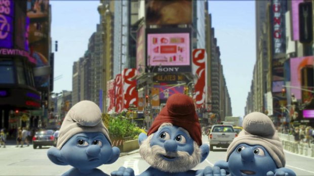The Smurfs take Manhattan: A dislocated group of Smurfs check out their new environment in the fabulous 3D kids' film <i>The Smurfs</i>.