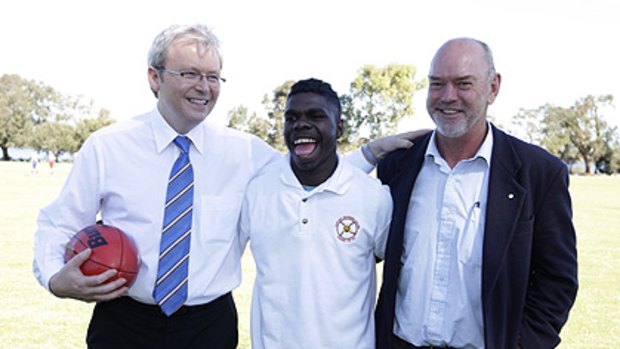 Kevin Rudd, Charlie Roberts and Gerard Neesham at the Clontarf Aboriginal College in Perth.