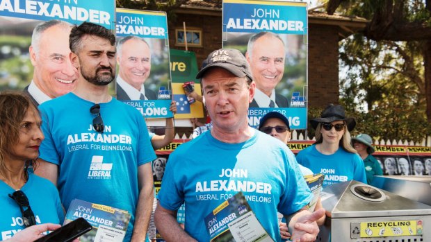 Liberal MP Christopher Pyne campaigning for Liberal candidate John Alexander at North Ryde Public School polling booth.