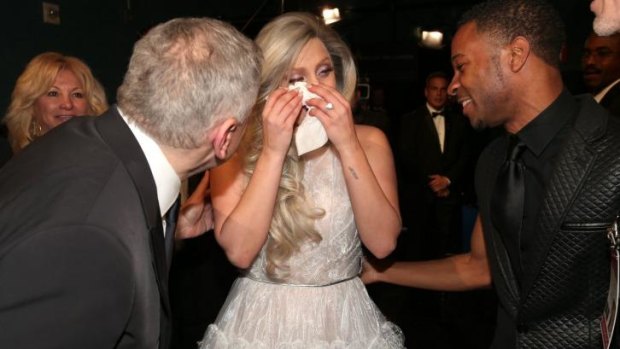 Backstage tears ... Lady Gaga at the Oscars.