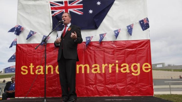 Senator Barnaby Joyce addresses the National Marriage Day Rally with the message "Husband and Wife Equals Life" on the front lawn of Parliament House