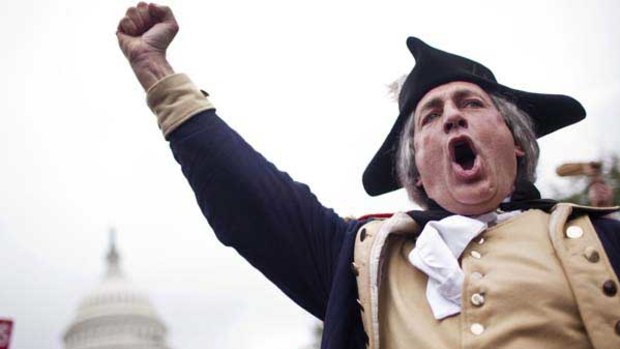 A man dressed as George Washington at the Tea Party Taxpayer march in Washington.
