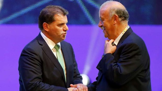 See you in June: Ange Postecoglou and Spain's Vincente del Bosque.