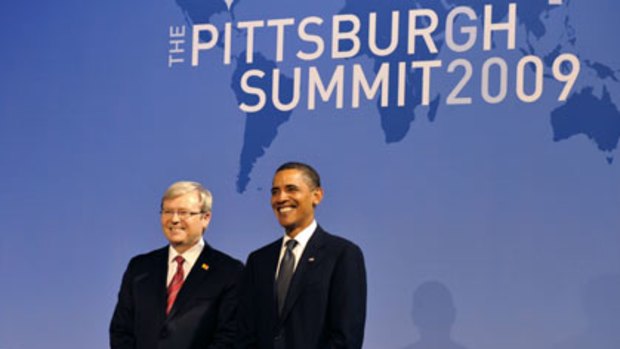 Kevin Rudd (above) and Barack Obama pose together after addressing news conferences after the G20 summit in Pittsburgh on Friday.