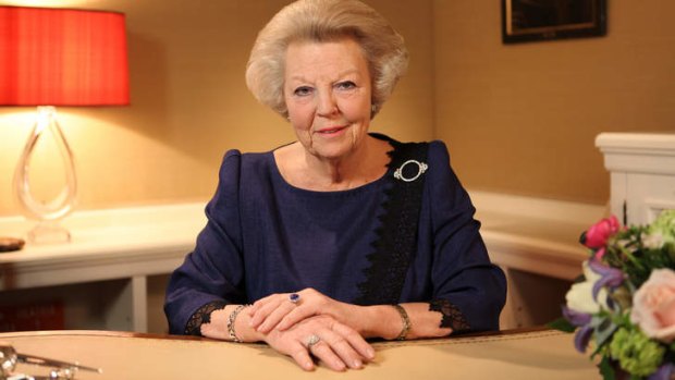 Stepping down ...  Queen Beatrix of The Netherlands announces her intended abdication on TV.