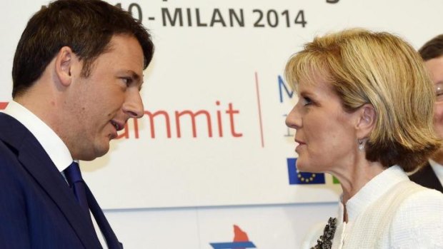 Australian Foreign Minister Julie Bishop (right) is welcomed by Italian Prime Minister Matteo Renzi.