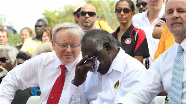 Long journey: Kevin Rudd with indigenous leaders for the 50th anniversary of the Yirrkala bark petitions.