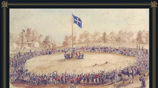 The watercolour <i>Swearing Allegiance to the Southern Cross</i> from Charles Doudiet's sketchbook, which was bought by the Art Gallery of Ballarat.
