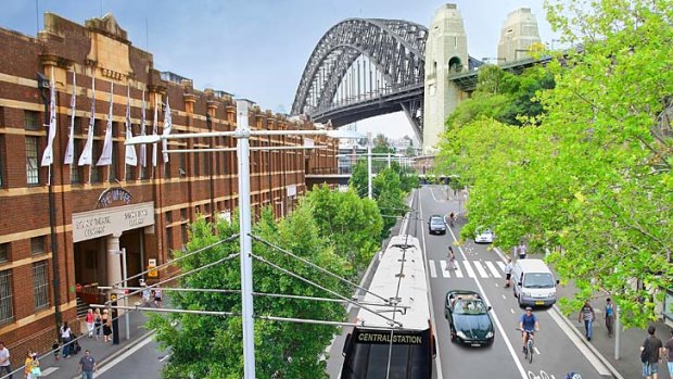 Artist's impression of the light rail in Hickson Road at The Rocks.