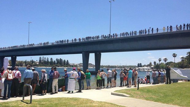 Hundreds formed a human chain along the Stirling Bridge in Fremantle protesting the live export trade.