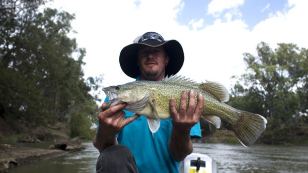 Simon Rombola with a Murray cod he caught in the Murrumbidgee River.