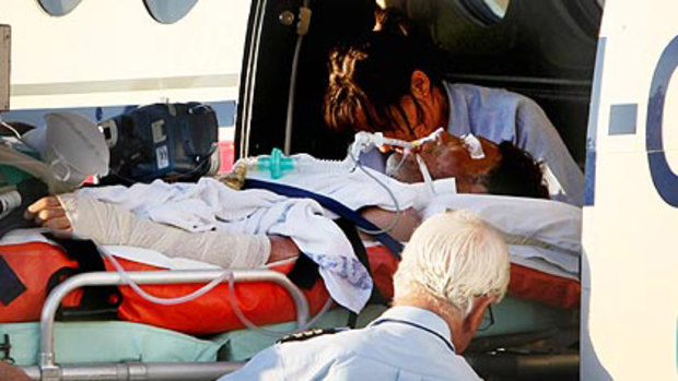 A victim of the explosion on the boat carrying asylum seekers at Jandakot airport, Perth, after a Royal Flying Doctor flight.