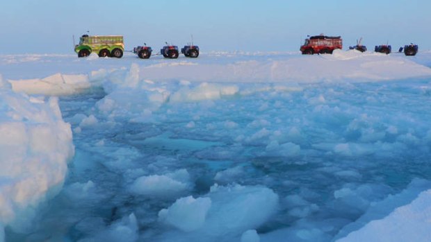 Explorers crossing the pole from the Russian archipelago Severnaya Zemlya to Resolute Bay, Canada in May 2013.