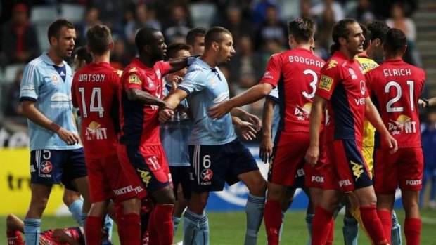 Rough and ready: Tempers flared during the Sydney FC- Adelaide United A-League match.