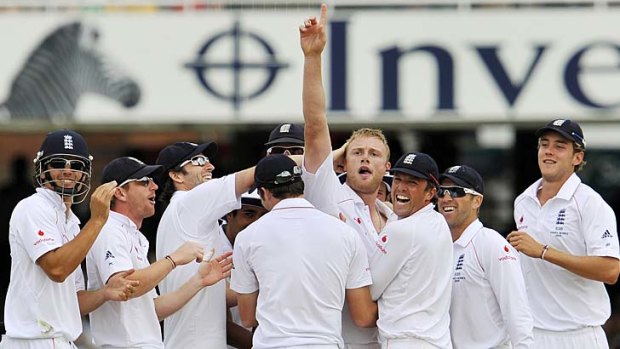 England's Andrew Flintoff celebrates another wicket taken with a Dukes ball, in 2009.