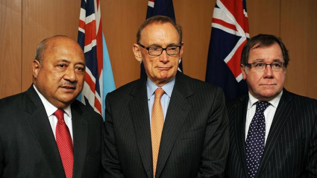 Fiji's Foreign Minister Ratu Inoke Kubuabola (left), Australia's Foreign Minister Bob Carr (centre) and their New Zealand counterpart Murray McCully.