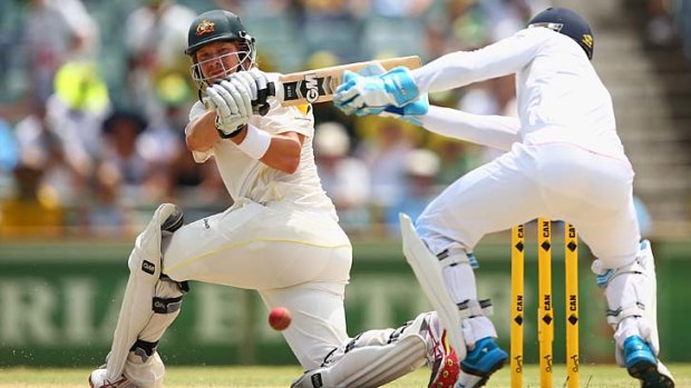Shane Watson swings a ball to the square-leg boundary during his quickfire century on day four of the WACA Test.