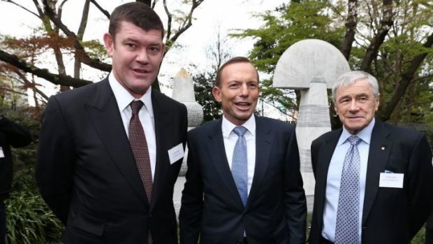 James Packer, left, with Prime Minister Tony Abbott and media owner Kerry Stokes during Mr Abbott's official visit to Japan.
