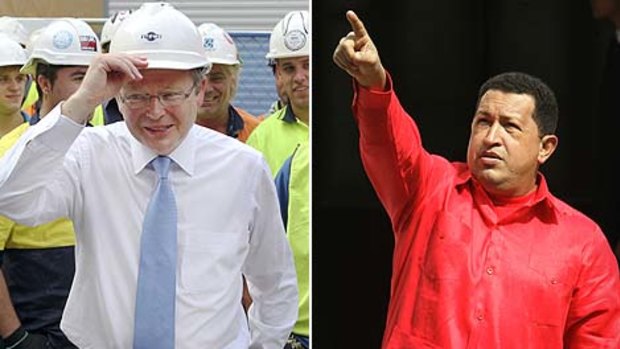 Hugo first ...  Kevin Rudd, meeting construction workers at Liverpool Hospital, has been compared with Hugo Chavez.
