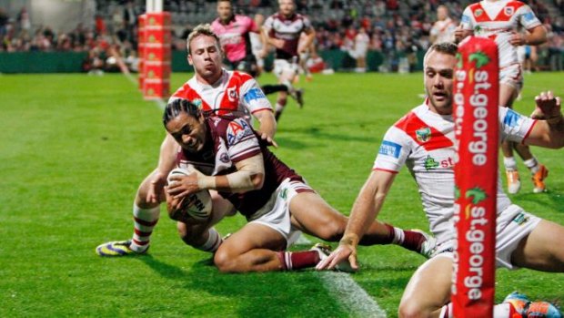 Planned attack: Steve Matai scores the first try after Manly pin-pointed St George Illawarra's right-edge defence.