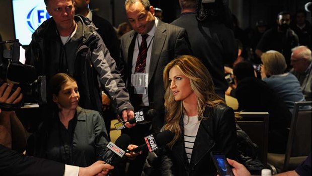 Media on media: Erin Andrews, analyst for FOX Sports, answers questions from the press at the Super Bowl XLVIII Media Center at the Sheraton, New York.