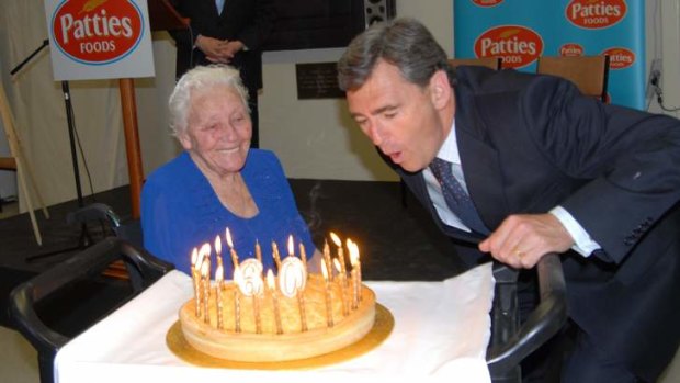 Premier John Brumby and Annie Rijs at the opening of a $21 million plant extension in November 2008, on Four'n Twenty's 60th birthday.
