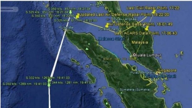 The flight path of Malaysia Airlines flight MH370, according to radar and satellite data.