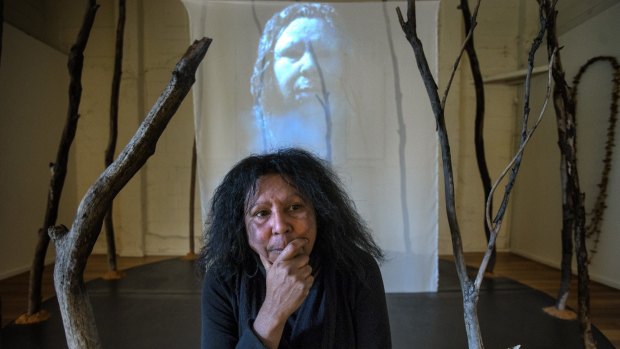 Maree Clarke with her video installation  for the opening of the new Koorie Heritage Trust.