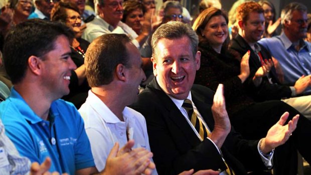 Show of hands  ... Barry O'Farrell addressed Liberal Party supporters on the Central Coast yesterday.