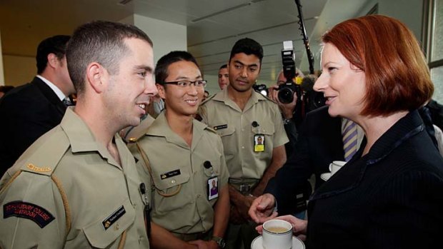 Tea party ... Julia Gillard meets Army cadets from the Royal Military College Duntroon at Parliament House.