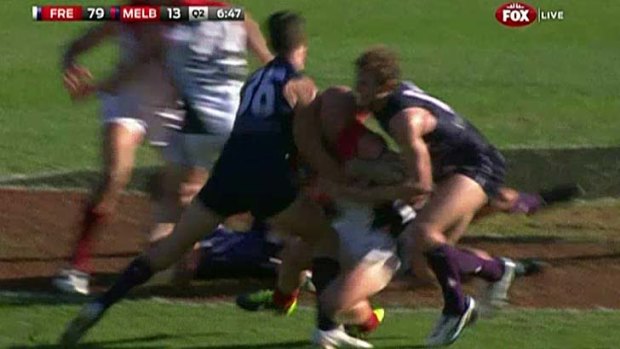 Fremantle's Alex Silvagni was reported for this clash with Melbourne's Nathan Jones in the teams' match at Patersons Stadium on Sunday.