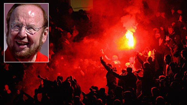 Manchester United fans let off flares and, inset, owner Malcolm Glazer.