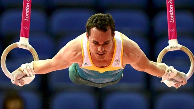 Joshua Jefferis of Australia practises on the rings during a training session for the London 2012 Olympic Games.